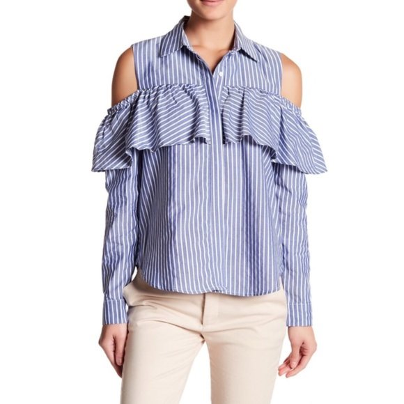 Harlowe & Graham Tops - Harlowe & Graham Blue White Striped Cold Shoulder Long Sleeve Button Down Blouse
